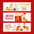 Three New Year 2018 and Christmas horizontal banners with yellow dogs symbol and gifts on the white background. Cute dog Royalty Free Stock Photo
