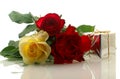 Three nice roses with a gift box Royalty Free Stock Photo