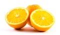 Three nicely colored oranges on a white background - front and back cut in half