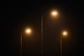 Three night lamppost shines with faint mysterious yellow light through evening fog at quiet night