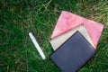 Three notebooks of different colors and a white felt-tip pen lie on the grass, on a green lawn Royalty Free Stock Photo