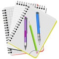 Three notebooks, purple pen, blue pen and green pencil Royalty Free Stock Photo