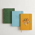 Three notebooks with unique designs isolated on white background Royalty Free Stock Photo