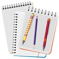 Three notebooks, yellow pen, red pen and purple pencil Royalty Free Stock Photo