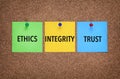 Three notes on corkboard with words Integrity, Trust, Ethics.