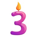 Three number candle icon, cartoon style
