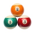 Three numbered pool balls arranged in a triangle on a white background Royalty Free Stock Photo