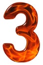 3, three, numeral from glass with an abstract pattern of a flaming fire, isolated on white background Royalty Free Stock Photo