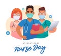 Three nurses in protective medical masks. Girl and two guys with stethoscopes, folder and tablet. International Nurses Day