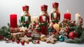 Three nutcrackers are on a table with candles and other decorations Royalty Free Stock Photo