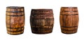 Three oak barrels vertical narrow and wide for storing bourbon to give flavor on an isolated background Royalty Free Stock Photo