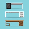 Three office desks. Working tables for interior. Vector illustration