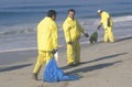 Three oil cleanup workers cleaning up the beach with adsorbent material after an oil spill covered Huntington Beach, California