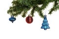 Three old christmas ornaments on branch Royalty Free Stock Photo