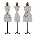 Three old cracked female body shape mannequins. Torso dummy for woman tailor mannequins. Three types of female figure. Vector Royalty Free Stock Photo