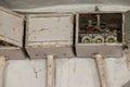 Three old electrical boxes on wall Royalty Free Stock Photo