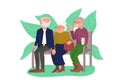 Three old friends sit on bench in park, happy elderly people enjoying outdoors, cheerful friendly chat of retired couple and