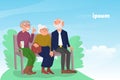 Three old friends sit on bench in park, happy elderly people enjoying outdoors, cheerful friendly chat of retired couple and