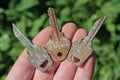three old rusty dirty gray brown metal door keys Royalty Free Stock Photo