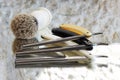 Three old Shaving razors and brush