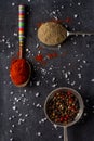 Three old spoons with peppercorn, ground pepper and red paprika powder on black background Royalty Free Stock Photo