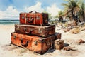 Three old suitcases on the beach. Travel and tourism concept. Generative AI Generative AI