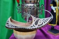 Three old tibetan singing bowls isolated . Aladdin Shoes Boots . Arabian Embroidered Leather Shoes . Traditional Arabic Royalty Free Stock Photo