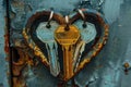 Rustic heart-shaped metal key holder with three keys hanging on blue background Royalty Free Stock Photo