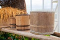 Three old wooden barrels. Royalty Free Stock Photo