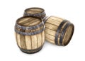 Three old wooden barrels isolated on white background. 3d render Royalty Free Stock Photo