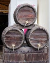 Three old wooden wine barrels Royalty Free Stock Photo