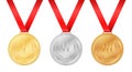 Three olympic games medals. Gold medal. Silver medal.