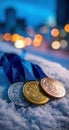 Three Olympic medals laying on the snow. Generative AI Royalty Free Stock Photo