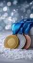 Three Olympic medals laying on the snow. Generative AI Royalty Free Stock Photo