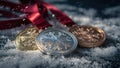 Three Olympic medals laying on the snow. Generative AI Royalty Free Stock Photo