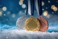 Three Olympic medals laying on the snow. Generative AI Royalty Free Stock Photo
