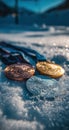 Three Olympic medals laying on the snow. Generative AI Royalty Free Stock Photo