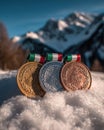 Three Olympic medals laying on the snow with the italian flag. Generative AI Royalty Free Stock Photo