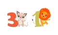 Three and One Numbers with Cute Leo and Kitten, Birthday Anniversary Numeralss with Funny Animals Cartoon Vector Royalty Free Stock Photo