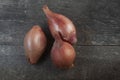 three onions shallot on wooden table Royalty Free Stock Photo