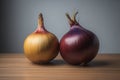 Three onions on a wooden table in front of a solid color background. ai generative Royalty Free Stock Photo