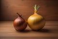 Three onions on a wooden table in front of a solid color background. ai generative Royalty Free Stock Photo