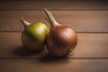 Three onions on a wooden table in front of a solid color background. ai generative Royalty Free Stock Photo