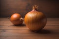 Three onions on a wooden table in front of a solid color background. ai generative Royalty Free Stock Photo