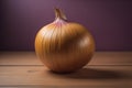 Three onions on a wooden table in front of a solid color background. ai generative Royalty Free Stock Photo