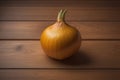 Three onions on a wooden table in front of a solid color background. ai generative Royalty Free Stock Photo