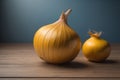 Three onions on a wooden table in front of a solid color background. ai generative