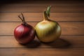 Three onions on a wooden table in front of a solid color background. ai generative