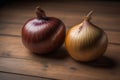 Three onions on a wooden table in front of a solid color background. ai generative