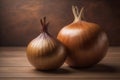 Three onions on a wooden table in front of a solid color background. ai generative